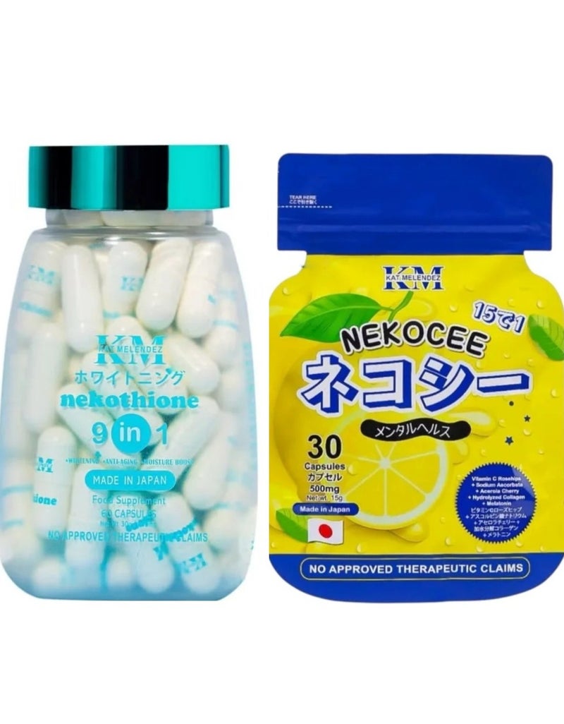 KM Nekothione 9-in-1 Glutathione & Collagen (60 Caps) + Nekocee 15-in-1 Vitamin C & Rosehips (30 Caps) Bundle - Whitening, Anti-Aging & Immune Booster Supplement - Made in Japan